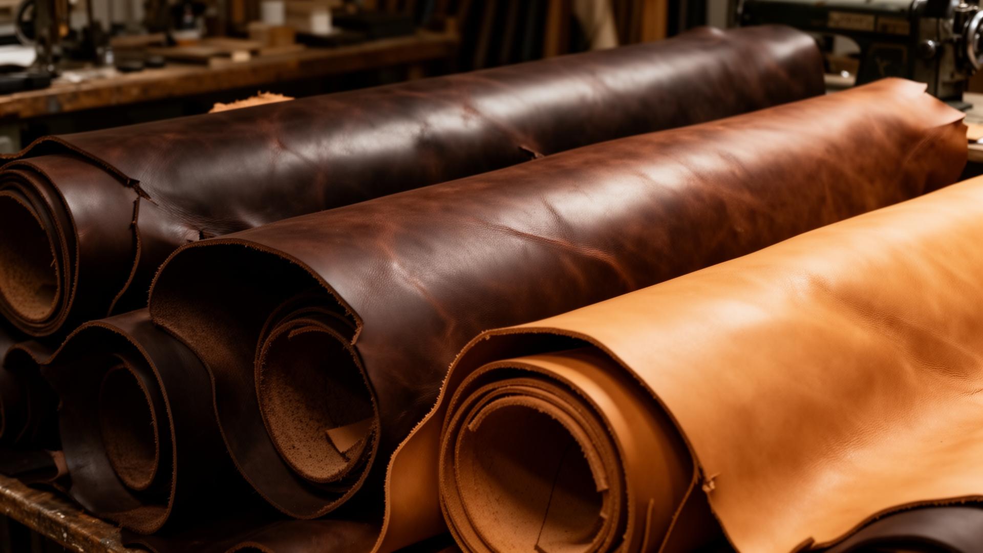 Premium leather hides stacked in the workshop
